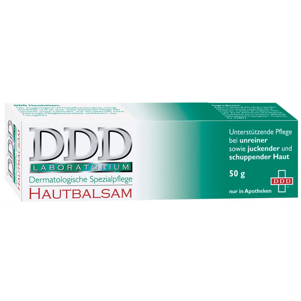 Boîte de baume pour la peau. Blanche, avec des accents verts. Logo DDD et nom du produit. Texte : Soin de soutien pour peau impure et qui démange.