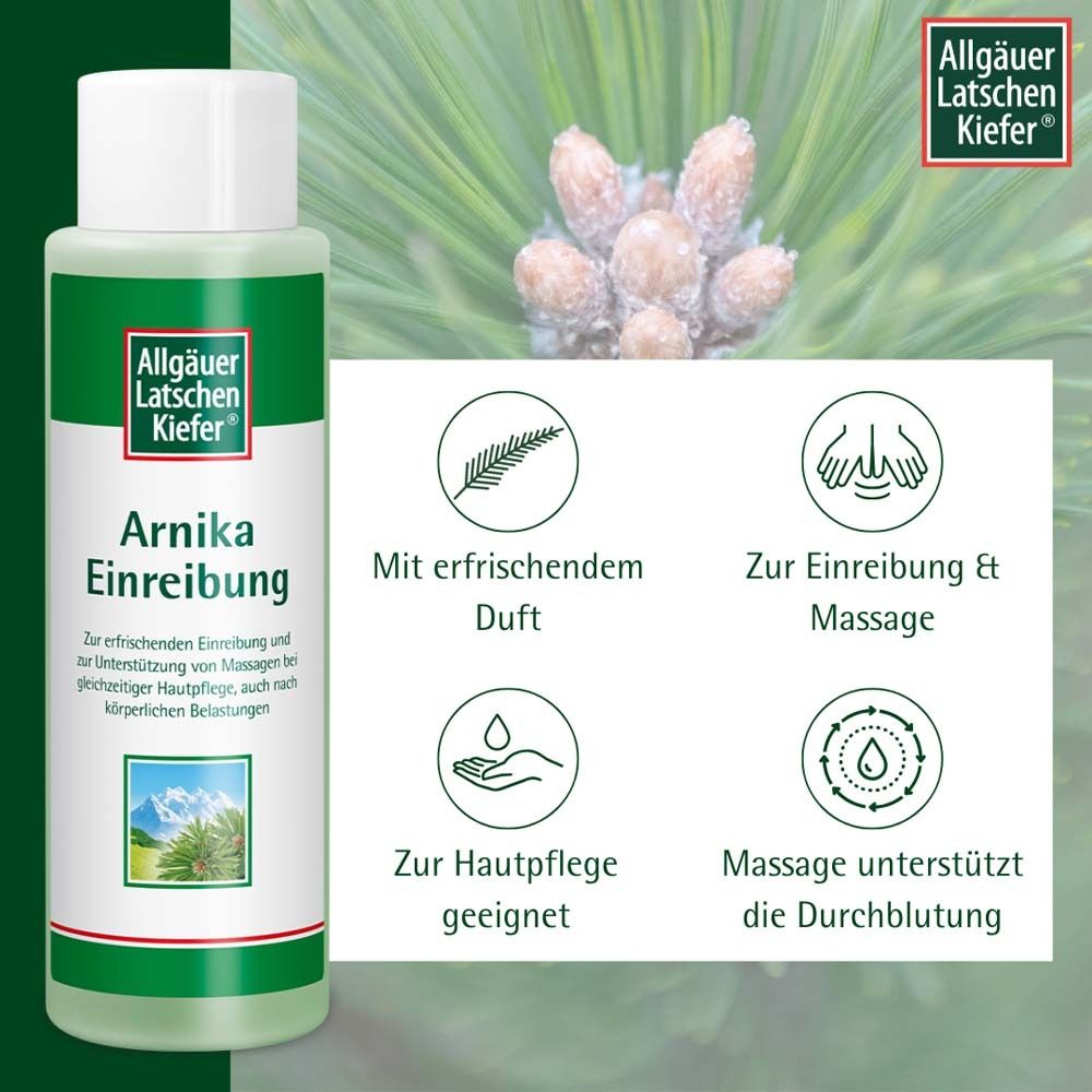 Flacon avec étiquette verte. Inscription: Arnika Einreibung. Marque: Allgäuer Latschenkiefer. Icônes: parfum, massage, peau, circulation.