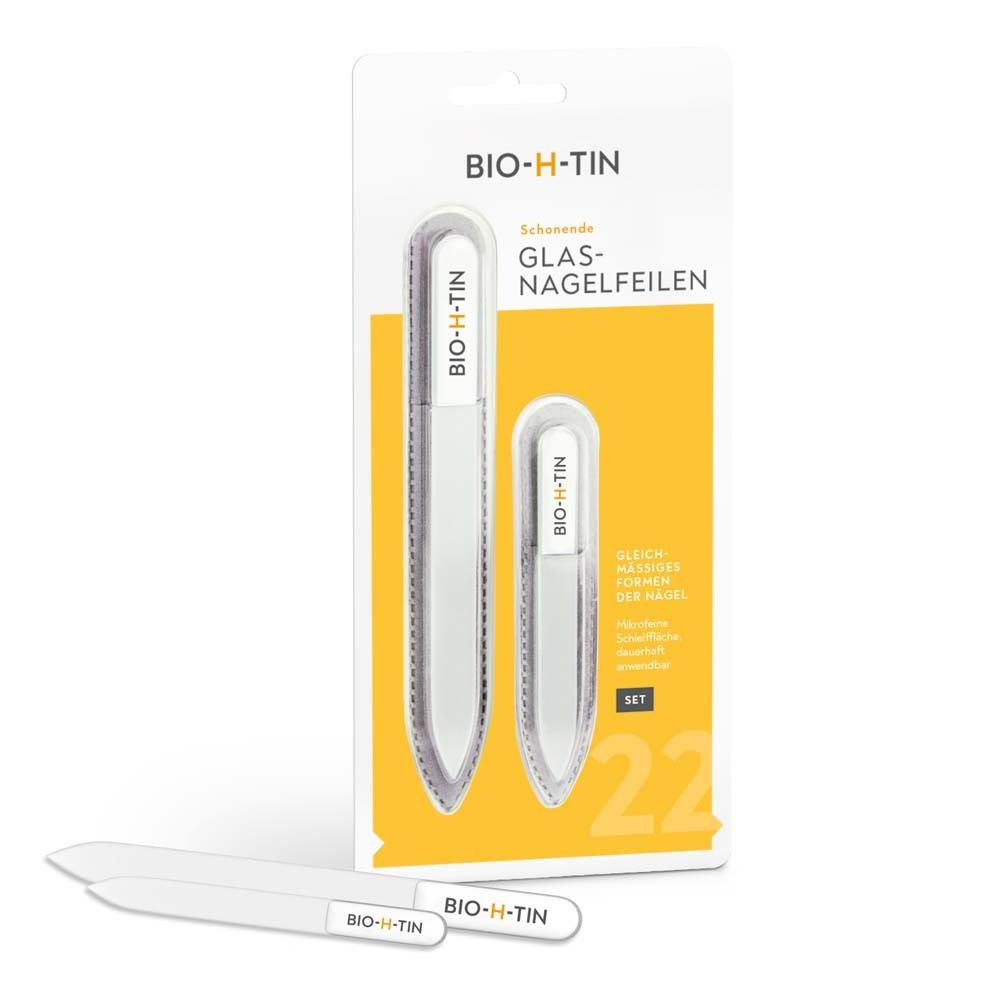 Set de limes à ongles en verre. Deux limes, une grande, une petite. Marque BIO-H-TIN. Sur fond jaune.