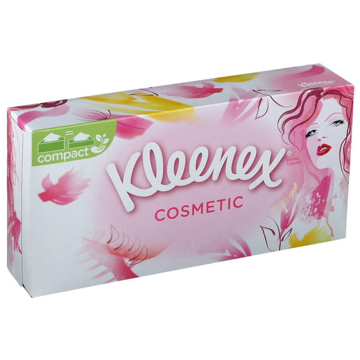 Boîte de Kleenex® Kosmetiktücher. Rose, fleurs jaunes, visage de femme. Inscription: Cosmetic.