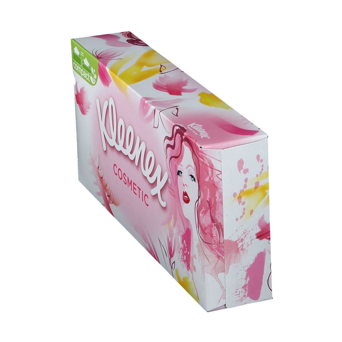Boîte de Kleenex® Kosmetiktücher, en biais. Rose, fleurs jaunes, visage de femme. Inscription: Cosmetic.