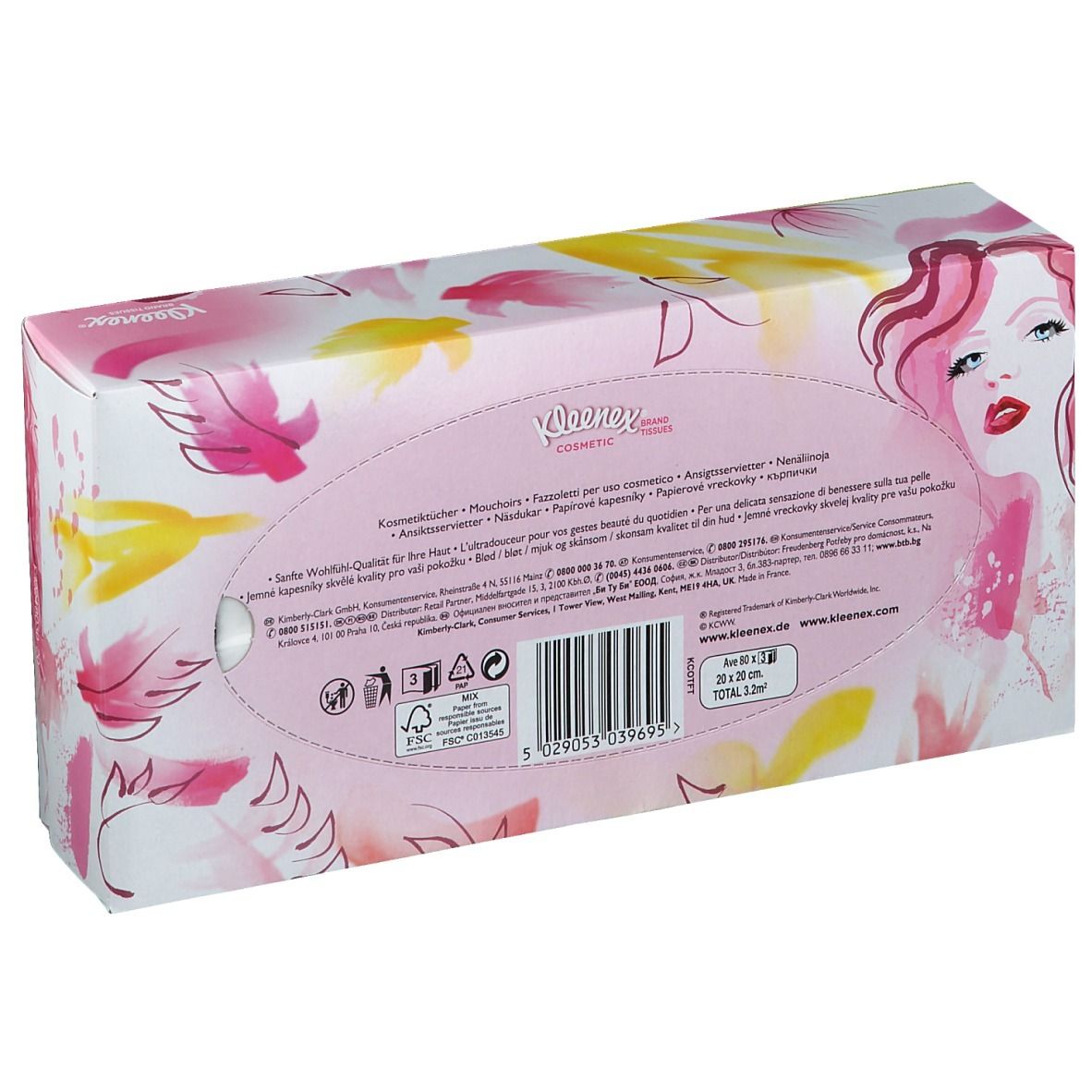 Dos de la boîte de Kleenex® Kosmetiktücher. Rose, fleurs jaunes, visage de femme. Texte.