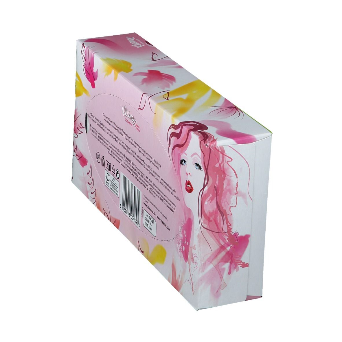 Boîte de Kleenex® Kosmetiktücher, en biais. Rose, fleurs jaunes, visage de femme. Texte.