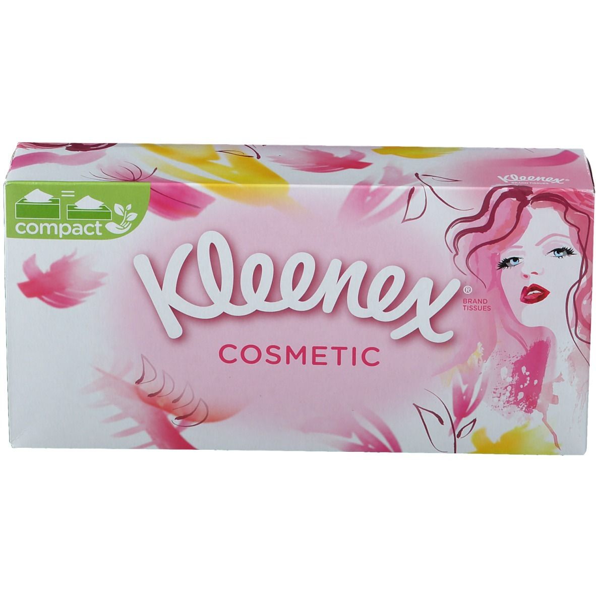 Boîte de Kleenex® Kosmetiktücher. Rose, fleurs jaunes, visage de femme. Inscription: Cosmetic.