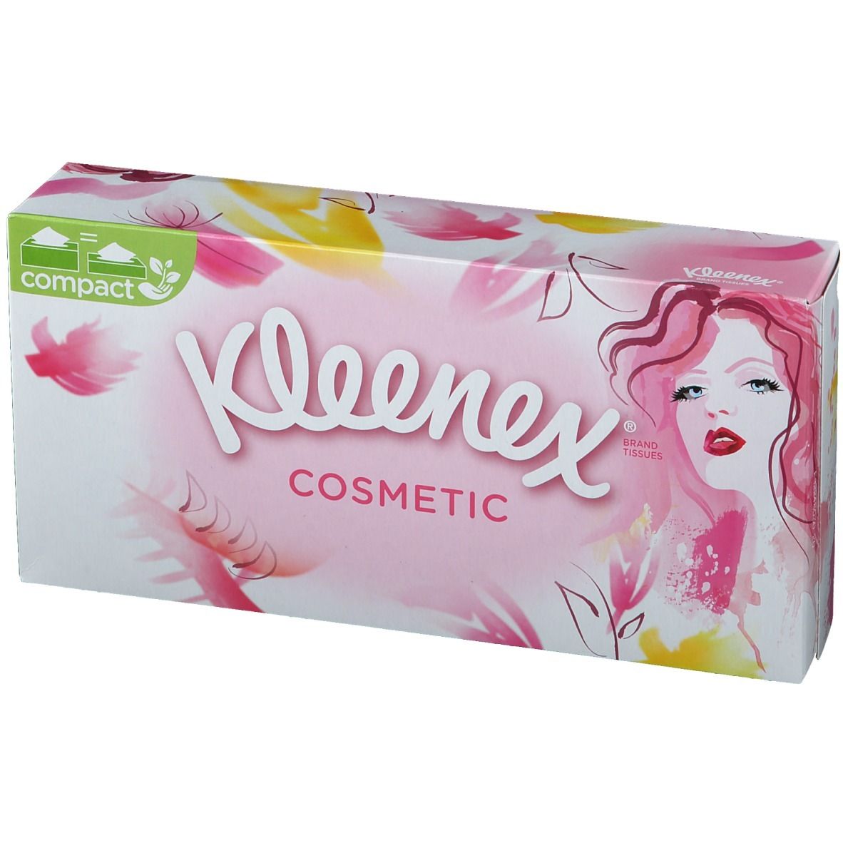 Boîte de Kleenex® Kosmetiktücher. Rose, fleurs jaunes, visage de femme. Inscription: Cosmetic.