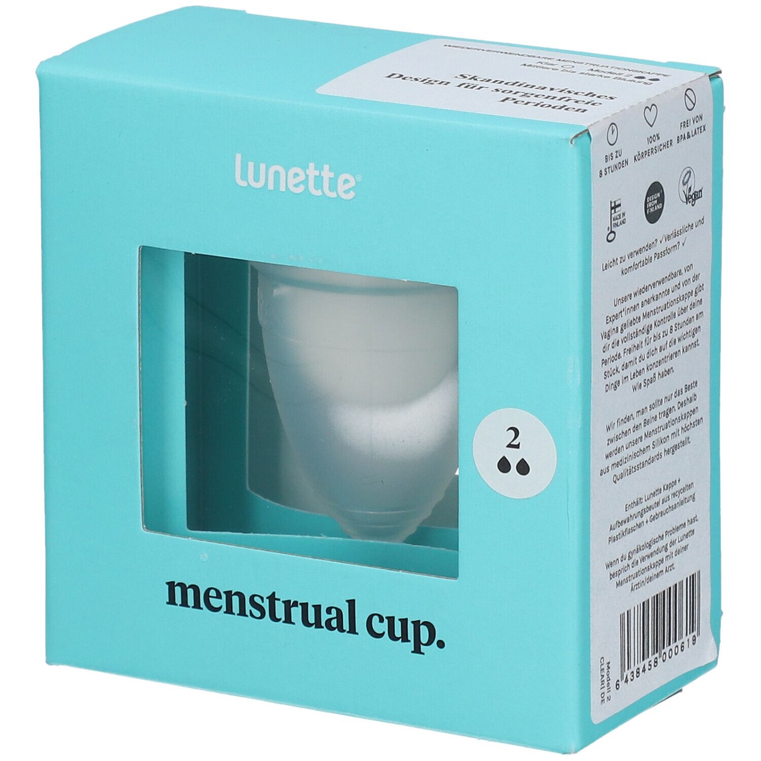 Verpackung der Menstruationstasse. Marke Lunette. Sichtfenster zeigt die Tasse. Text: menstrual cup.