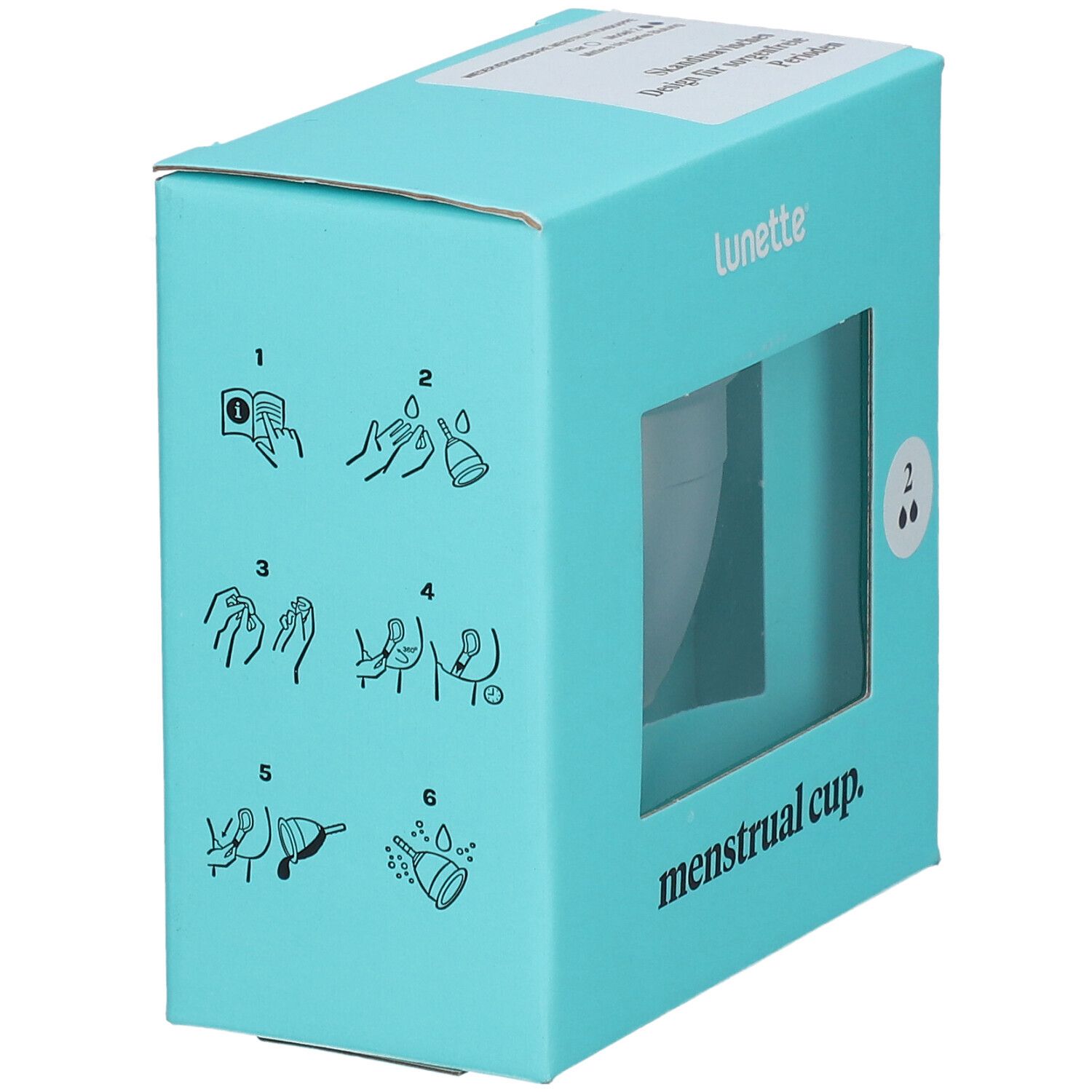 Türkisfarbene Verpackung mit Illustrationen zur Anwendung der Menstruationstasse. Marke Lunette.