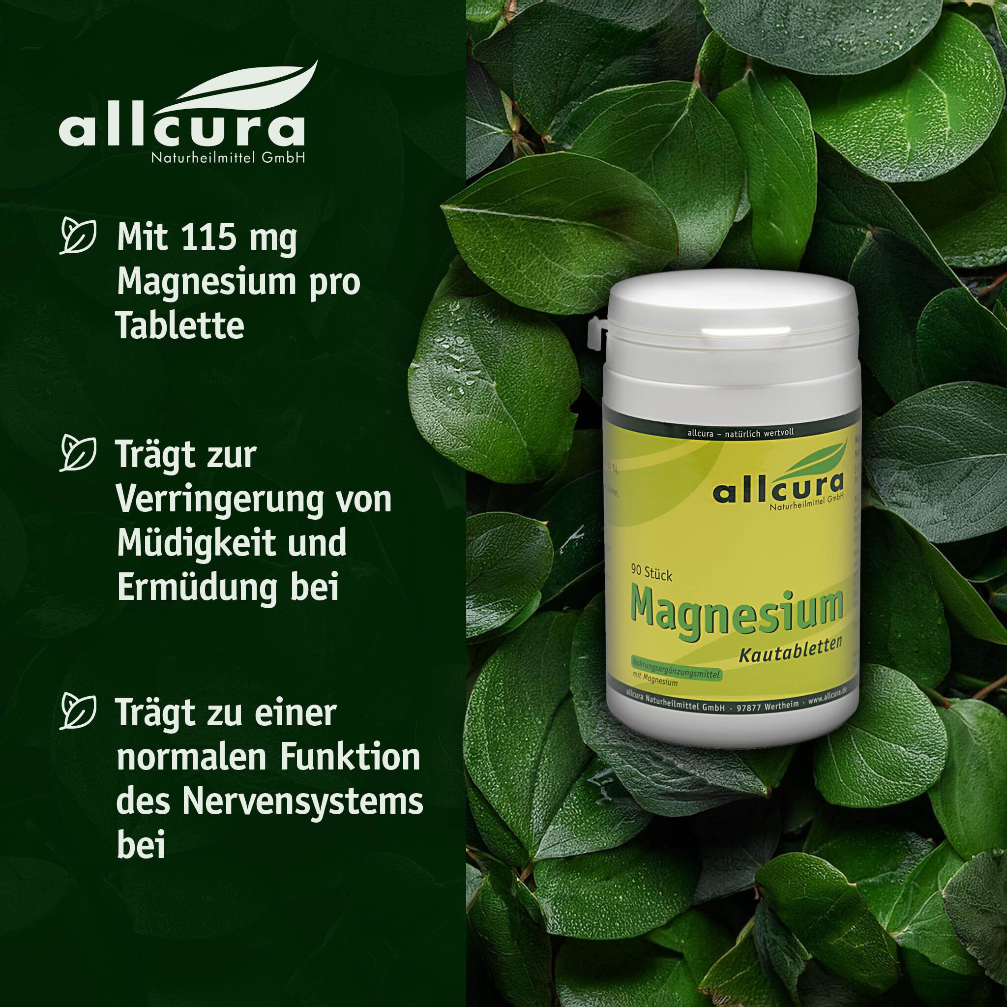Weiße Dose mit gelbem Etikett. Text: 115 mg Magnesium pro Tablette. Reduziert Müdigkeit. Für Nervensystem.