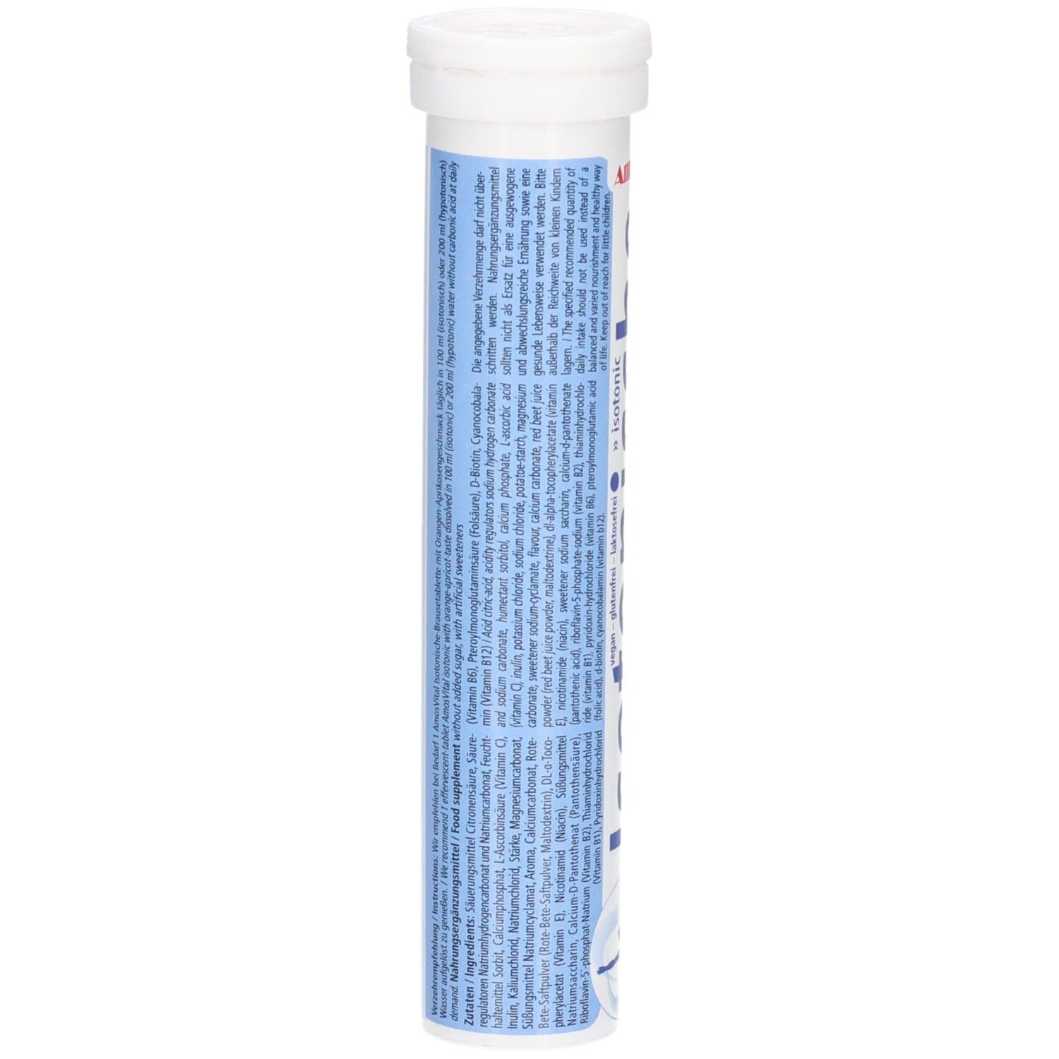 Rückseite der Tube mit Inhaltsangaben und Inhaltsstoffen. Blaue und weiße Schrift auf weißem Hintergrund. Text in deutscher Sprache.