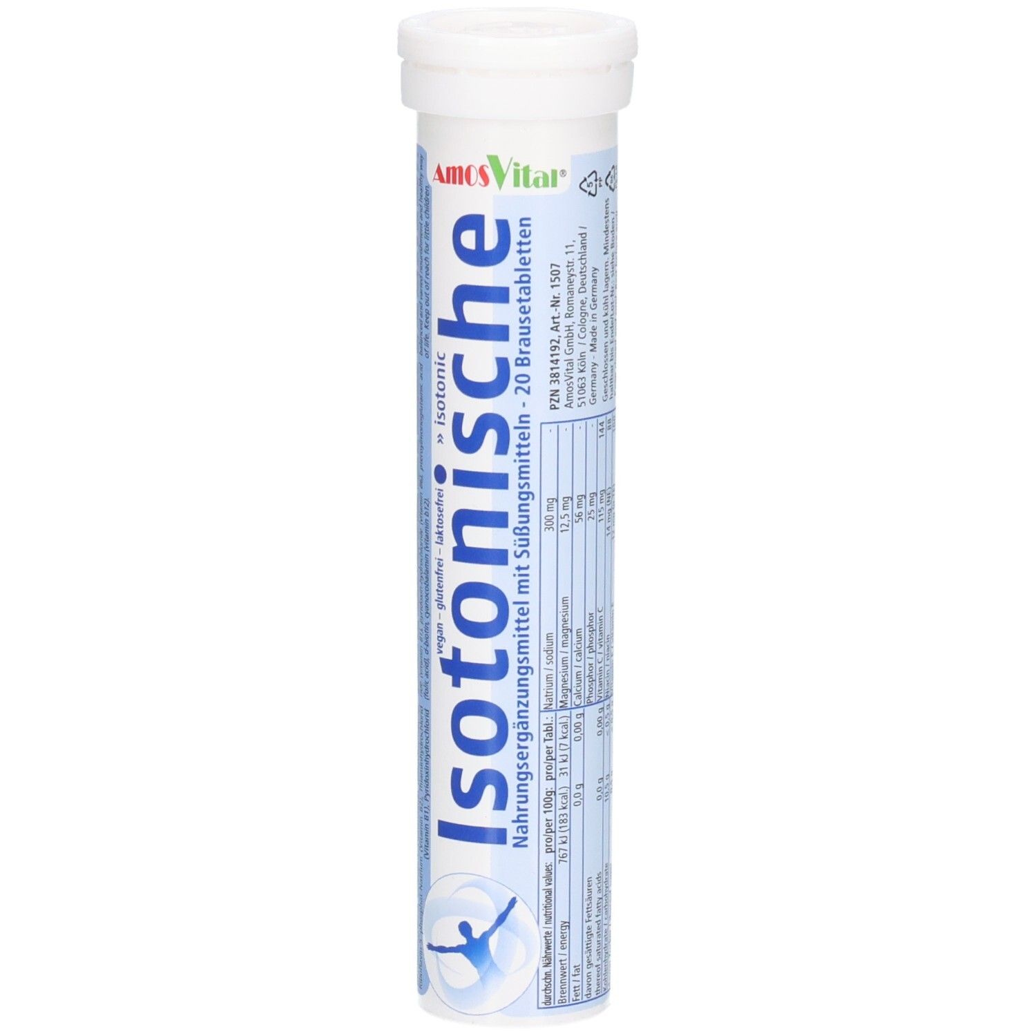 Vorderseite der Tube mit AmosVital Isotonische Brausetabletten. Blaue und weiße Verpackung. Text: Isotonische Brausetabletten.