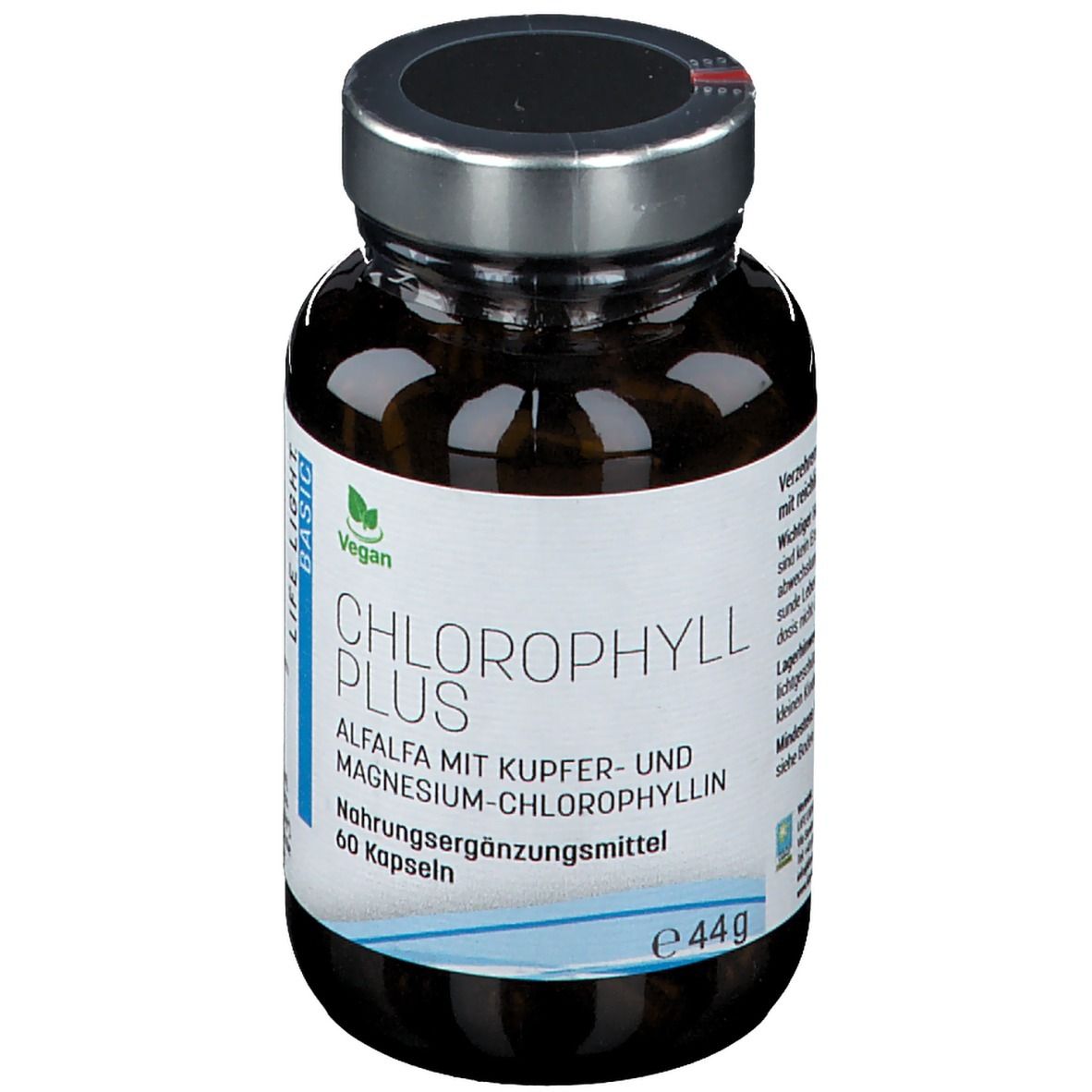 Flacon en verre brun contenant des gélules. Étiquette avec CHLOROPHYLLplus, Alfalfa, cuivre et magnésium-chlorophylline. Bouchon argenté.