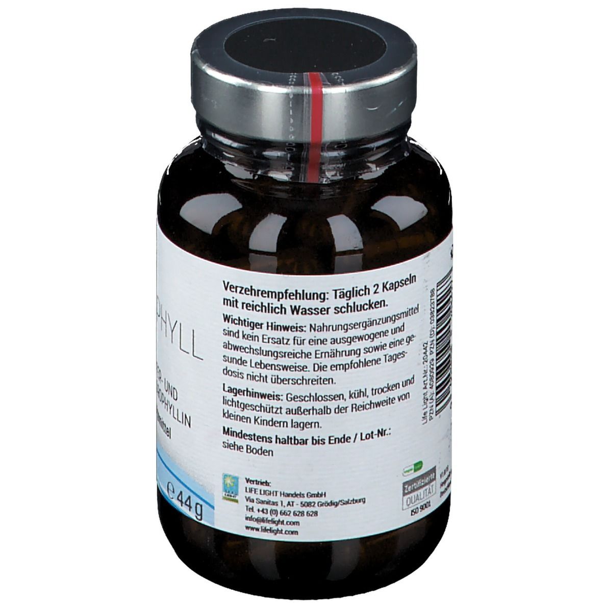 Vue arrière d'un flacon en verre brun avec des gélules. Étiquette avec recommandations, conservation et date de péremption. Bouchon argenté.