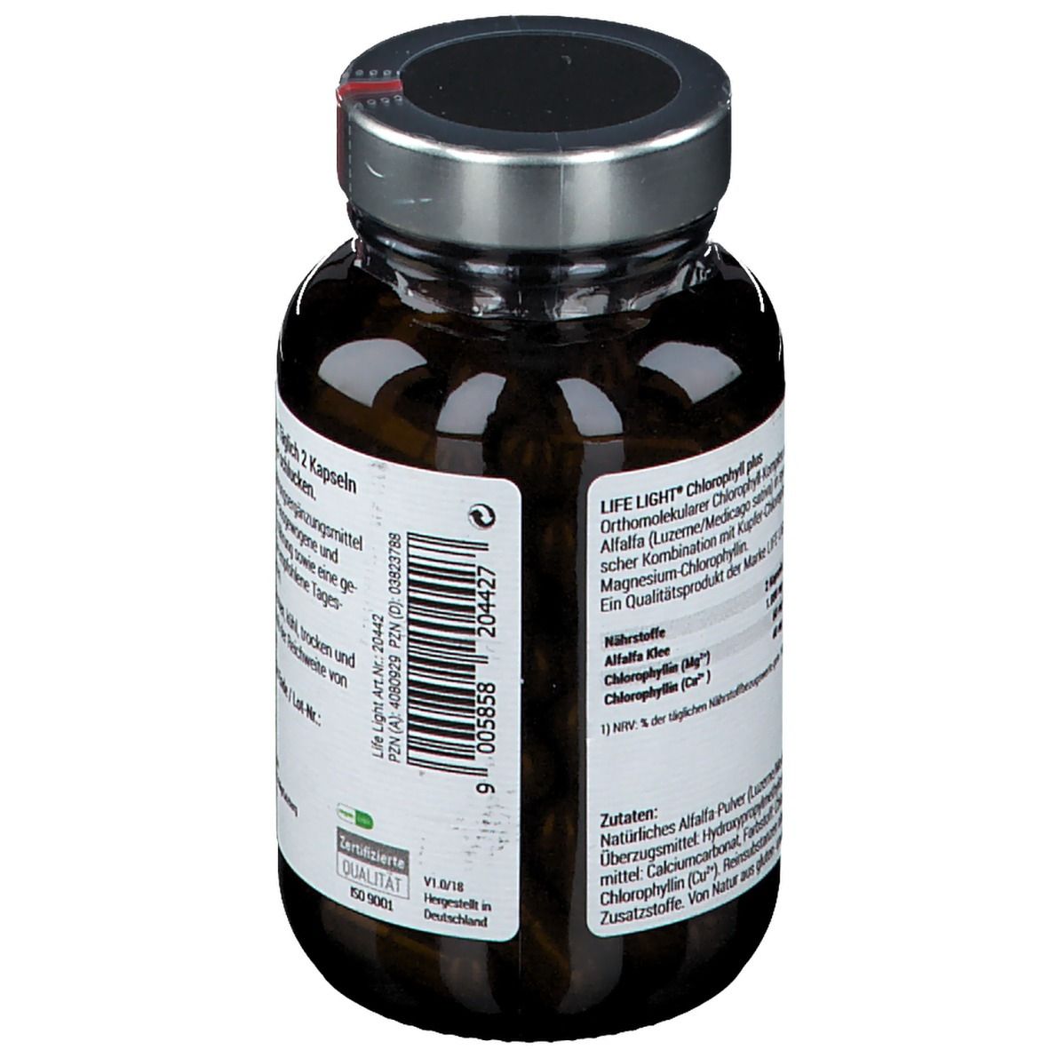 Flacon en verre brun avec gélules. Étiquette avec ingrédients, tableau nutritionnel et informations fabricant. Bouchon argenté. Certification ISO 9001.