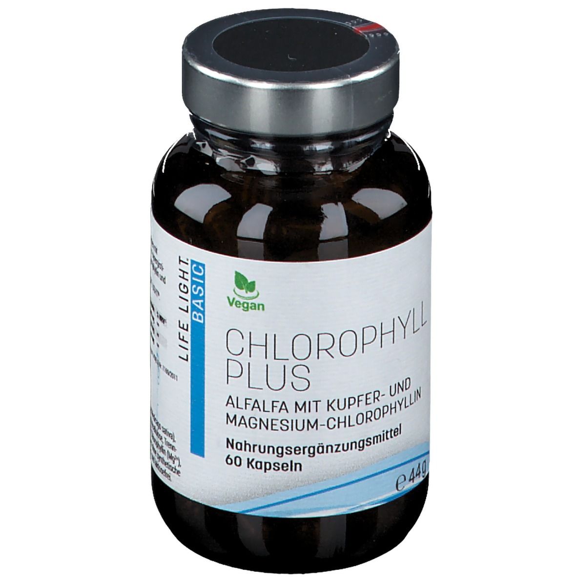 Flacon en verre brun contenant des gélules. Étiquette avec CHLOROPHYLLplus, Alfalfa, cuivre et magnésium-chlorophylline. Bouchon argenté.