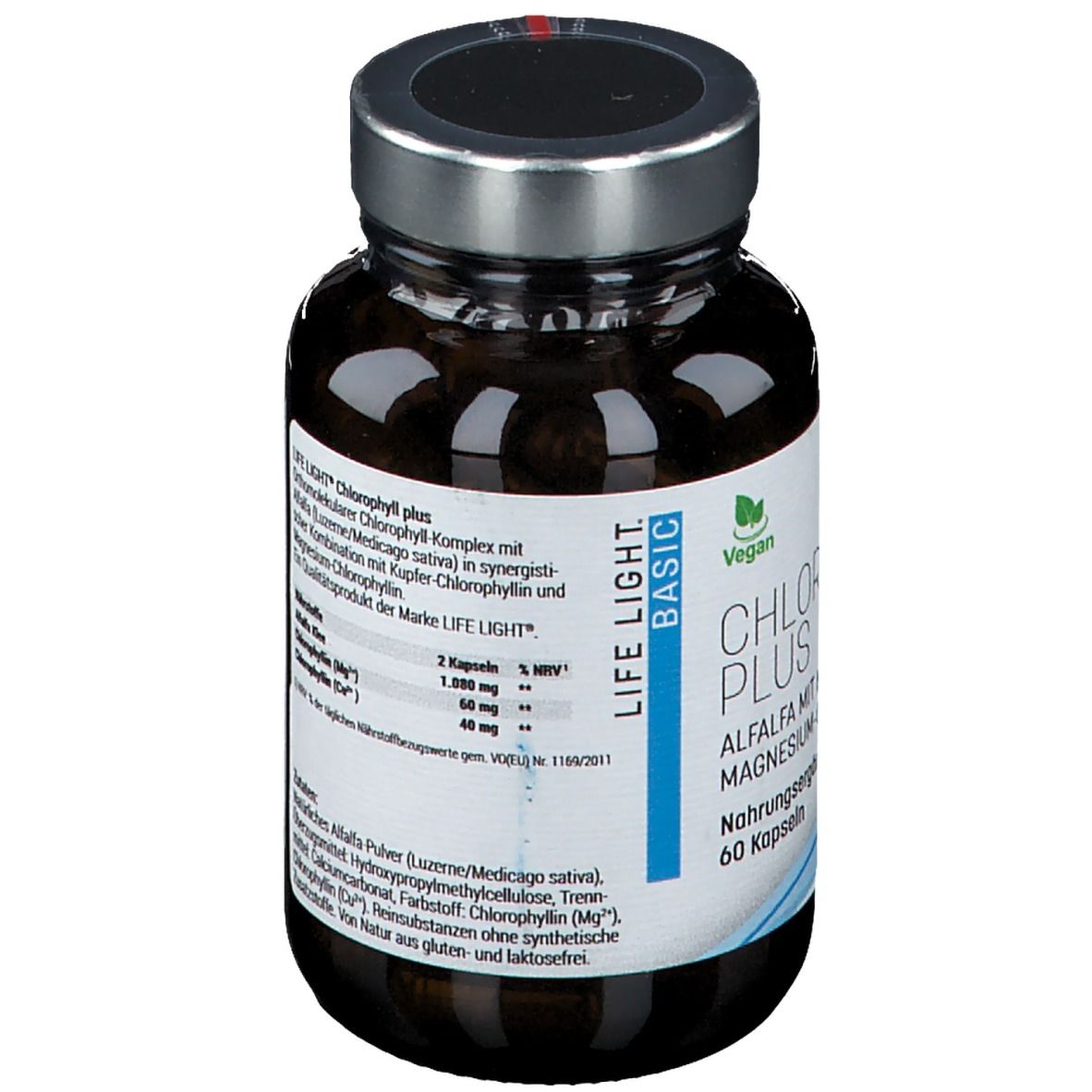 Flacon en verre brun contenant des gélules. Étiquette avec CHLOROPHYLLplus, Alfalfa, cuivre et magnésium-chlorophylline. Bouchon argenté.