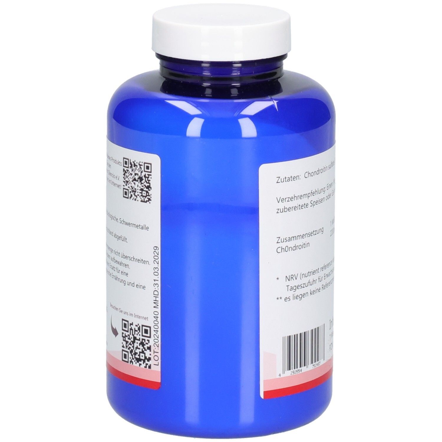 Rückseite der blauen Flasche. QR-Codes und Informationen. MHD 31.03.2029. Zutatenliste: Chondroitin.