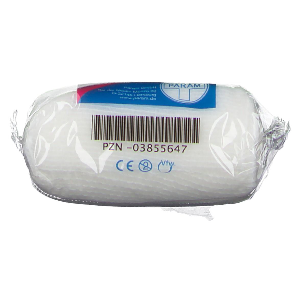 Elastische Mullbinde in Cellophan. Sichtbar: PZN-03855647, CE-Kennzeichnung. Produkt von PARAM.
