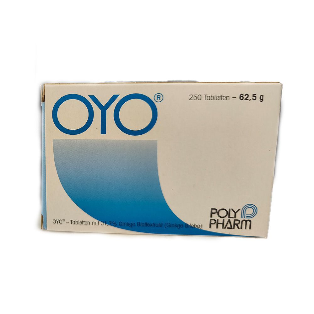 OYO® Tabletten Kartonverpackung, 250 Tabletten, 62,5 g. POLYPHARM Logo.