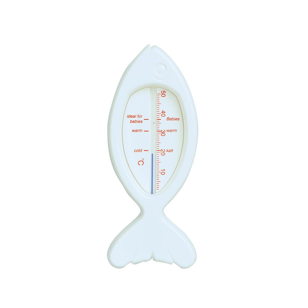 Weißes Badethermometer in Fischform. Mit Temperaturanzeige in Celsius. Skala mit Markierungen für kalt, warm und ideal für Babys.