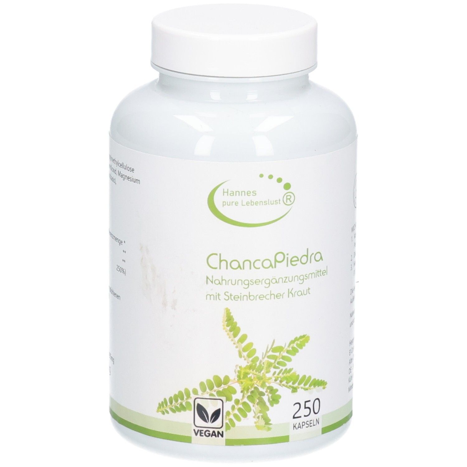 Flacon blanc de gélules. Inscription: Hannes pure Lebenslust, ChancaPiedra, 250 gélules, vegan.