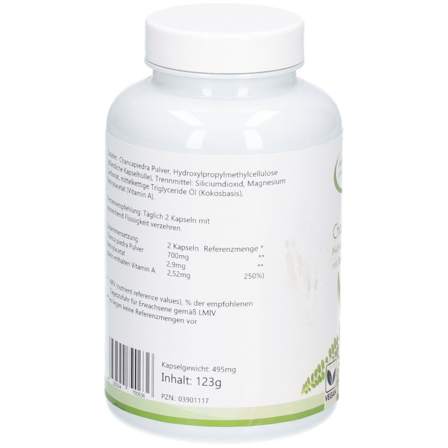 Dos du flacon. Liste des ingrédients, informations nutritionnelles, code-barres, poids 123g, PZN.