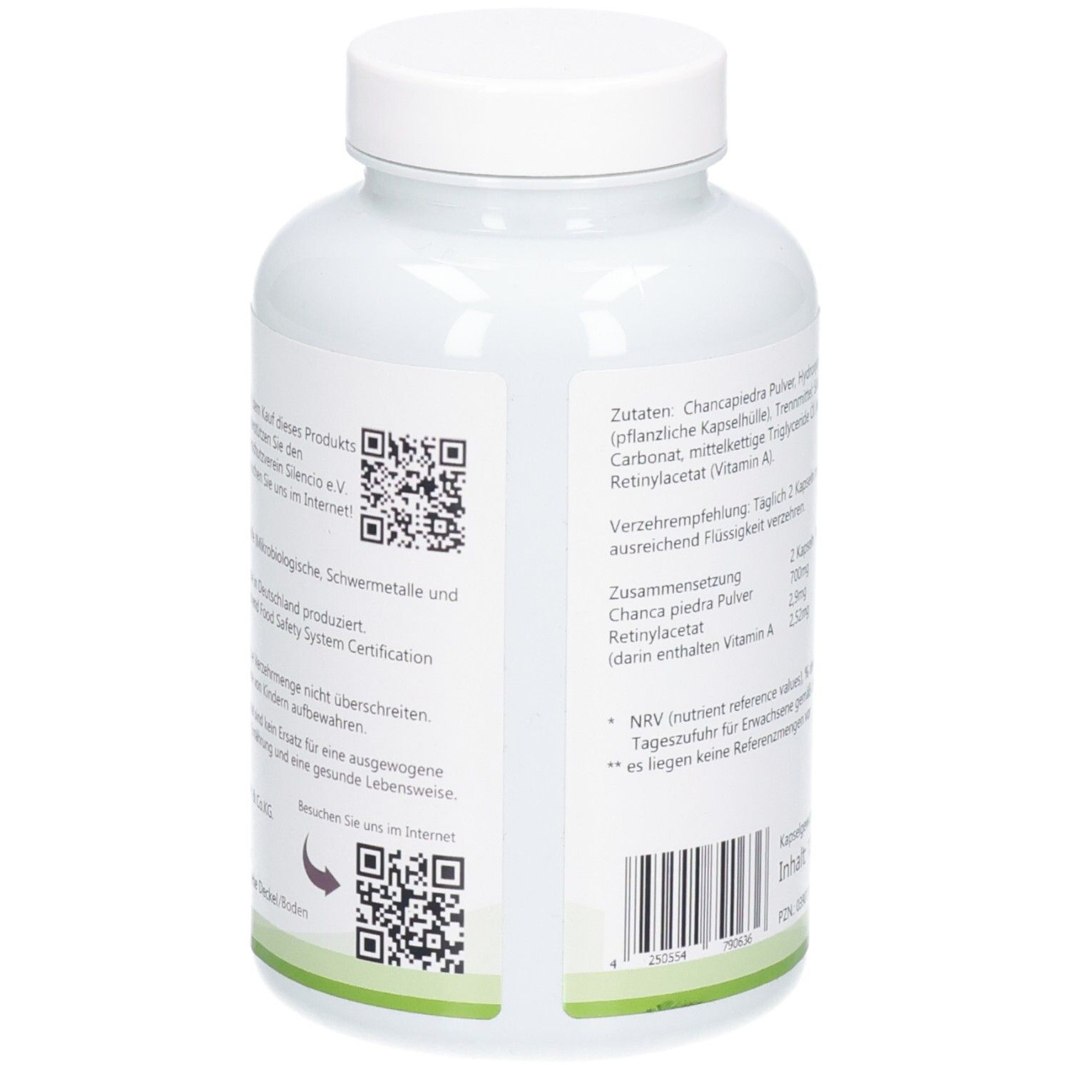 Dos du flacon. Codes QR, liste des ingrédients, informations nutritionnelles, code-barres.