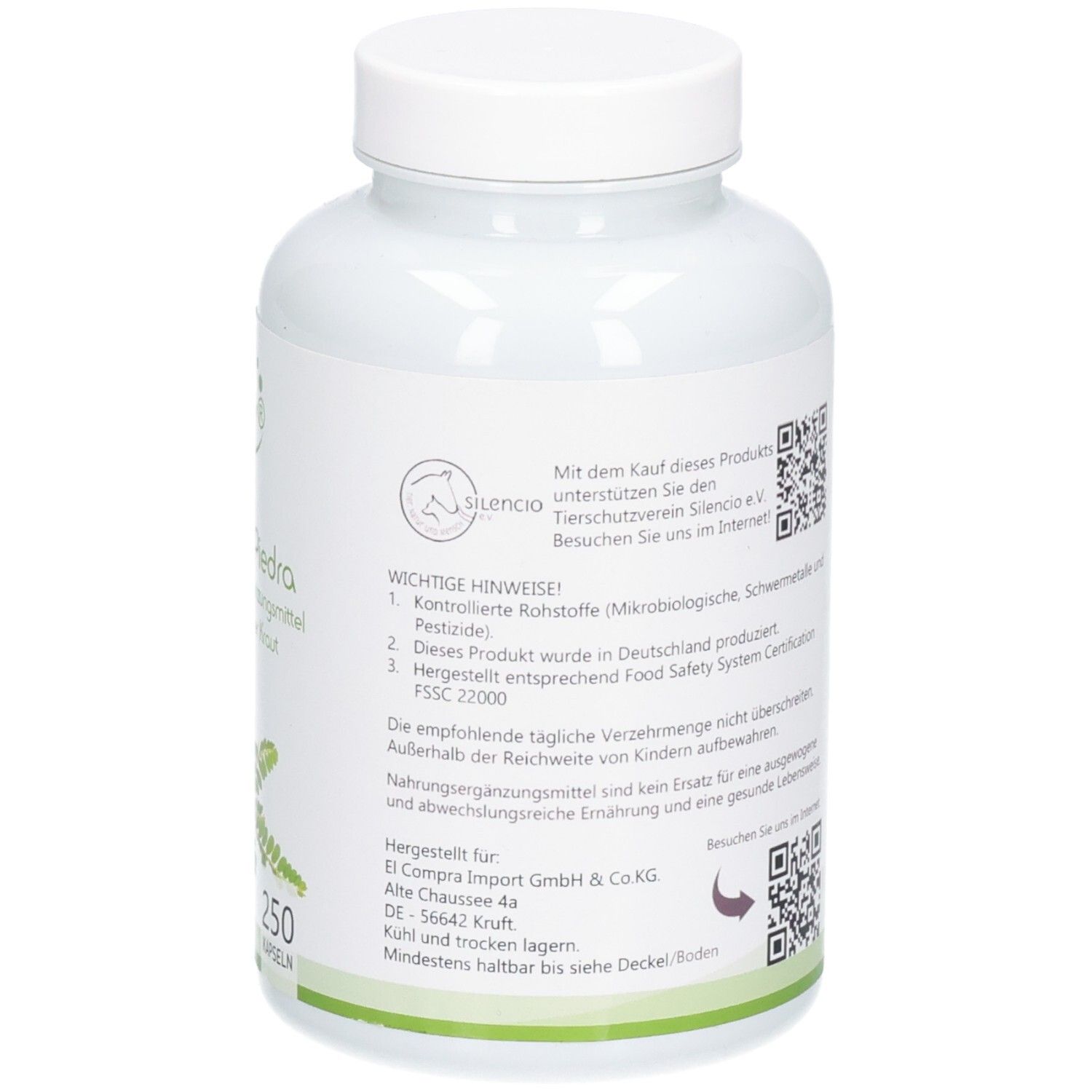 Dos du flacon. Codes QR, informations importantes, informations du fabricant.