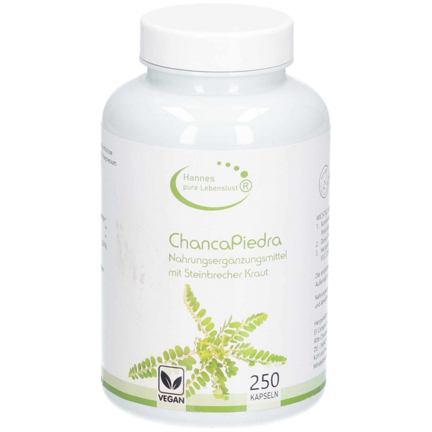 Flacon blanc de gélules. Inscription: Hannes pure Lebenslust, ChancaPiedra, 250 gélules, vegan.