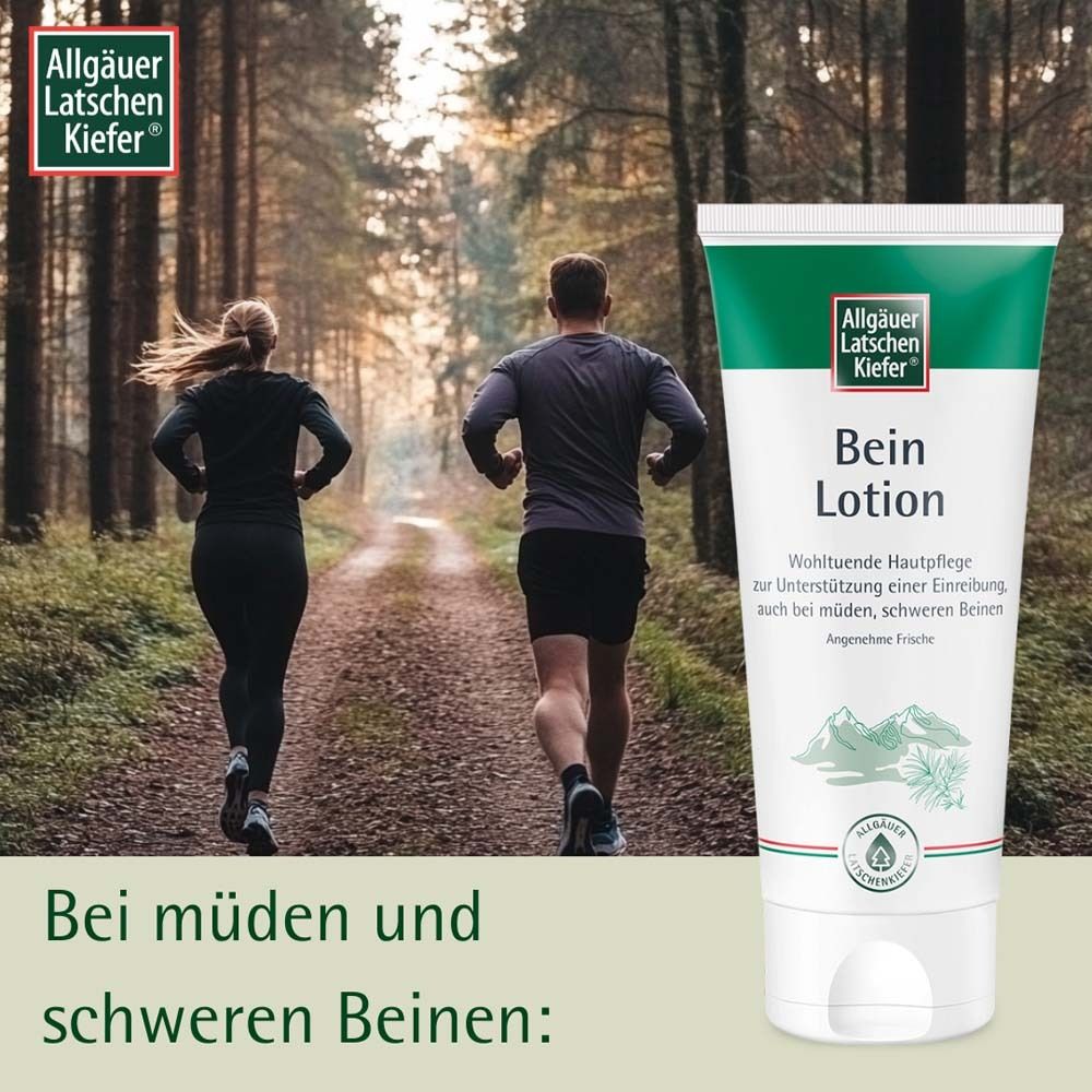 Läufer auf Waldweg. Allgäuer Latschenkiefer Logo. Tube Bein Lotion. Text: Bei müden und schweren Beinen.