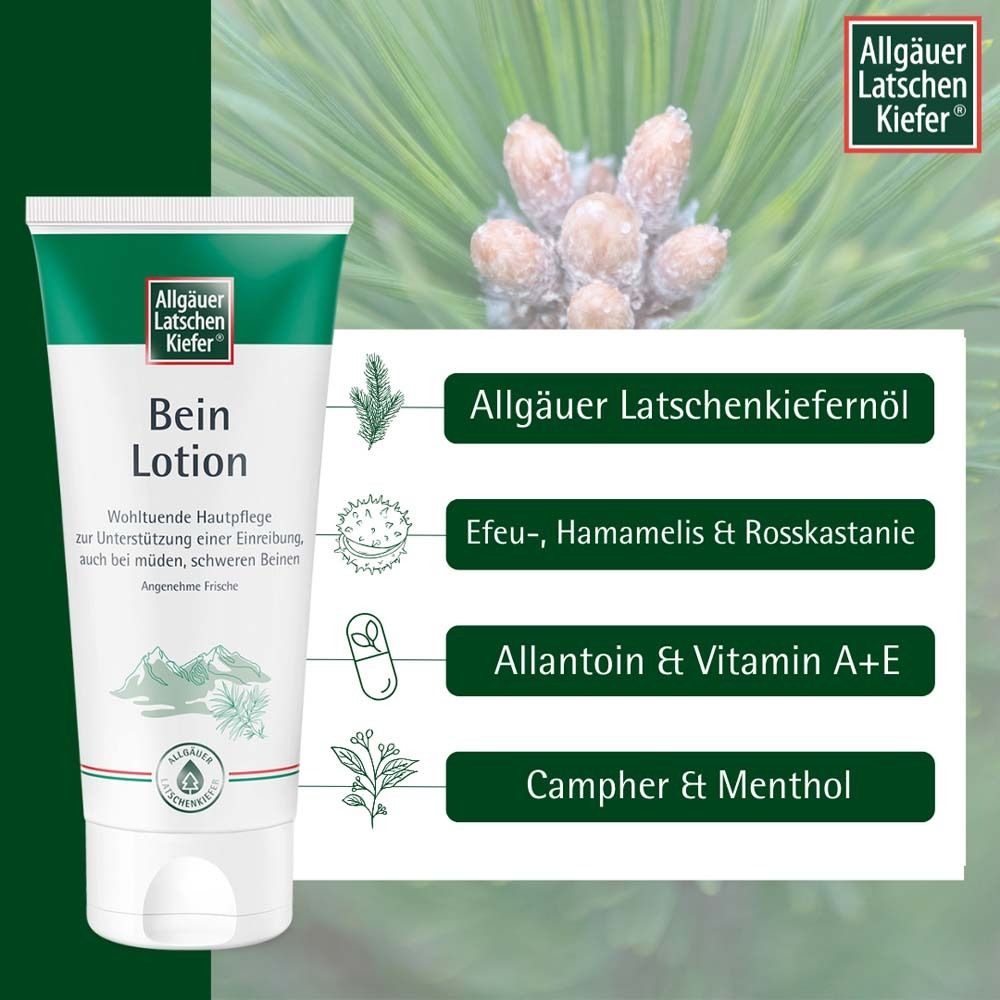 Tube Bein Lotion mit Inhaltsstoff-Grafiken: Latschenkiefernöl, Efeu, Hamamelis, Rosskastanie, Allantoin, Vitamin A+E, Campher, Menthol.