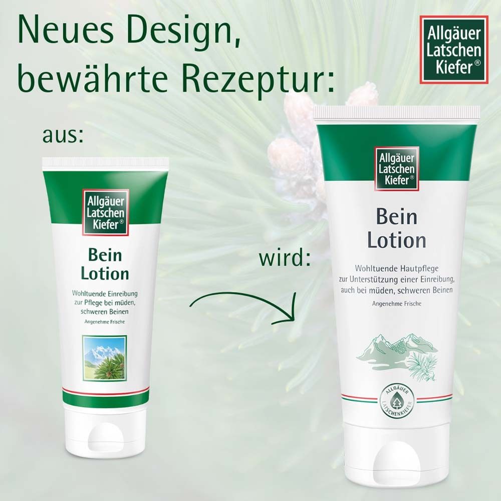 Vergleich: Alte und neue Tube Bein Lotion. Allgäuer Latschenkiefer Logo. Text: Neues Design, bewährte Rezeptur.