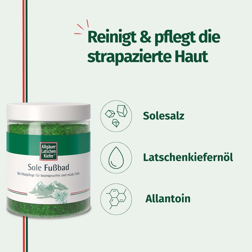 Pot de sels de bain. Graphiques : cristaux de sel, huile de pin, allantoïne. Texte : Nettoie et prend soin de la peau stressée.