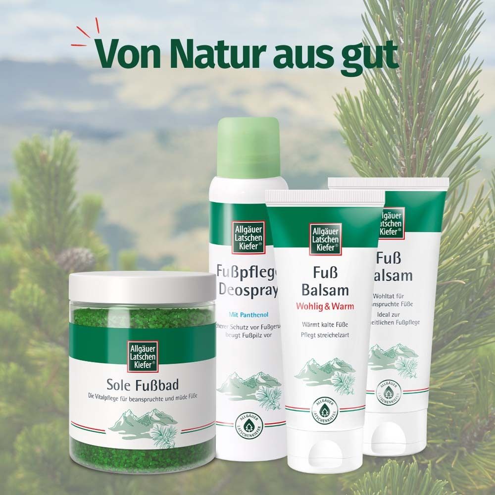 Gamme de produits : sels de bain, déodorant pour les pieds, baume pour les pieds, baume pour les pieds. Texte : Naturellement bon.