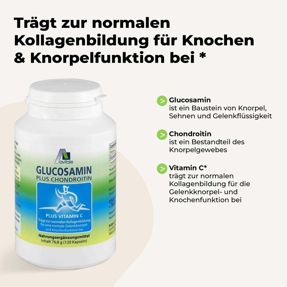 Weiße Flasche mit Deckel. Text: Glucosamin Plus Chondroitin, Plus Vitamin C. Erläuterungen zu Glucosamin, Chondroitin und Vitamin C.