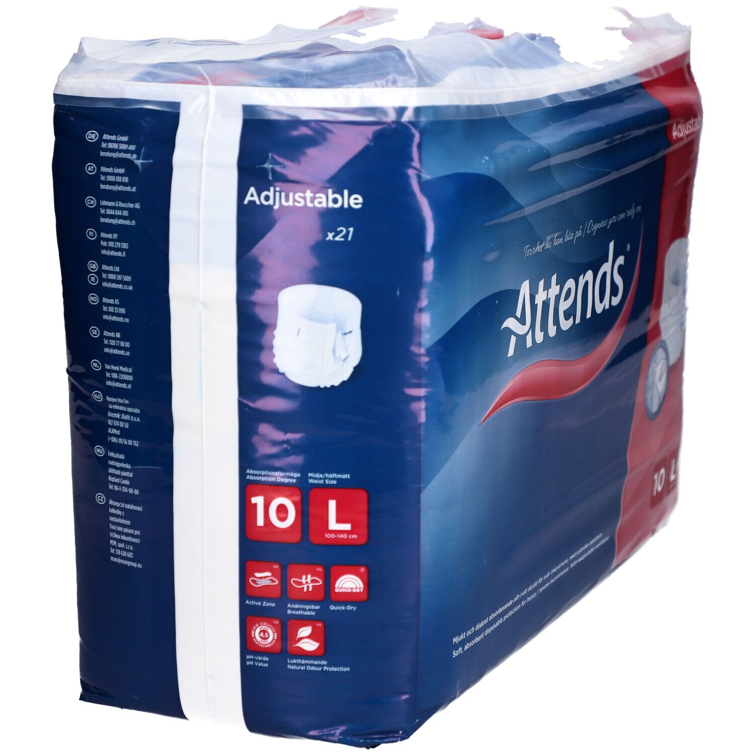 Paquet de Attends Adjustable 10 L. Emballage bleu avec image du produit et texte. Contient 21 pièces.