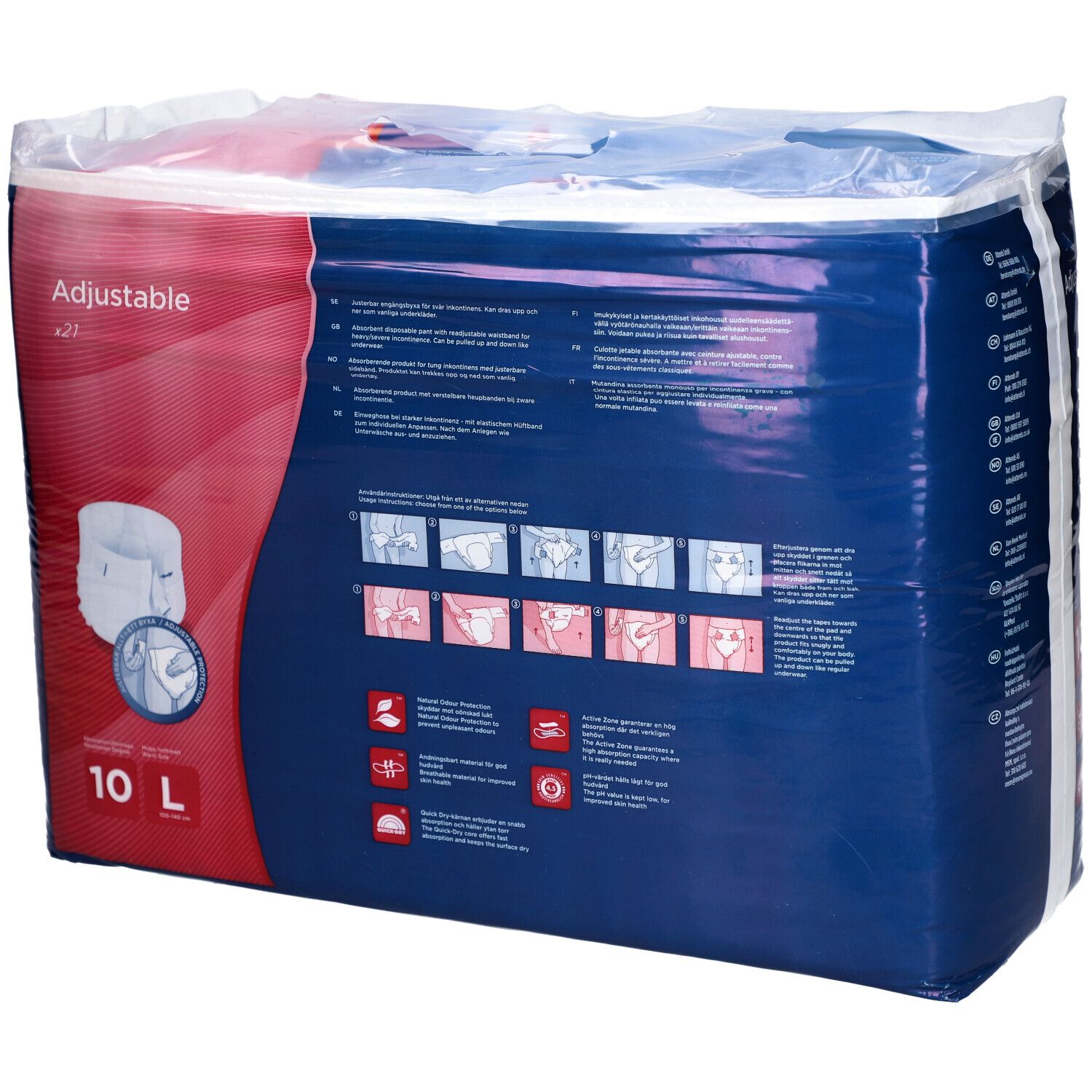 Paquet de Attends Adjustable 10 L. Emballage bleu avec image du produit et texte. Contient 21 pièces.