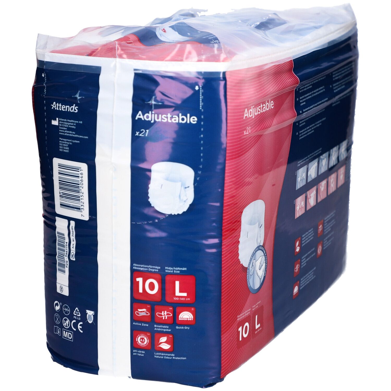 Paquet de Attends Adjustable 10 L. Emballage bleu avec image du produit et texte. Contient 21 pièces.