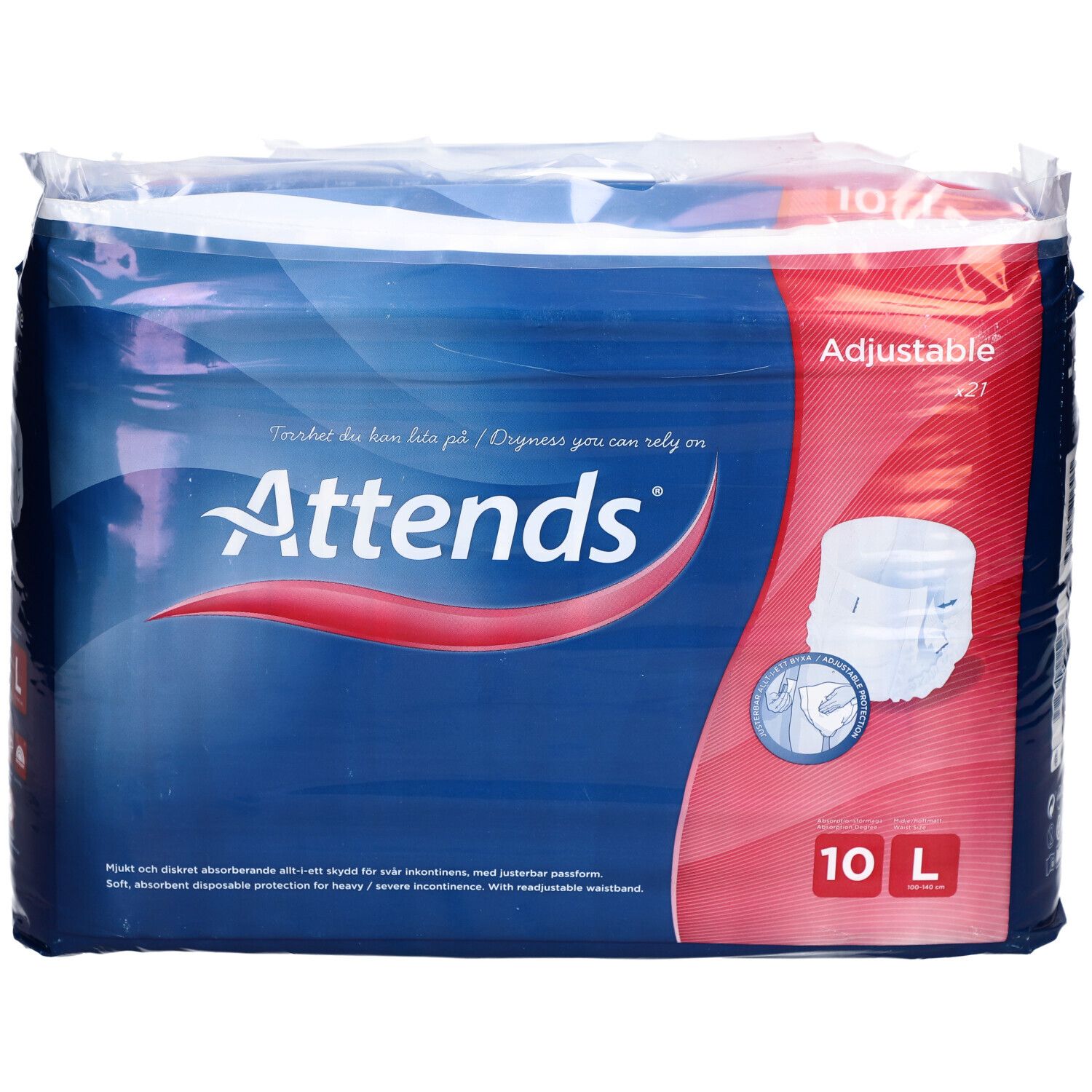 Paquet de Attends Adjustable 10 L. Emballage bleu avec image du produit et texte. Contient 21 pièces.