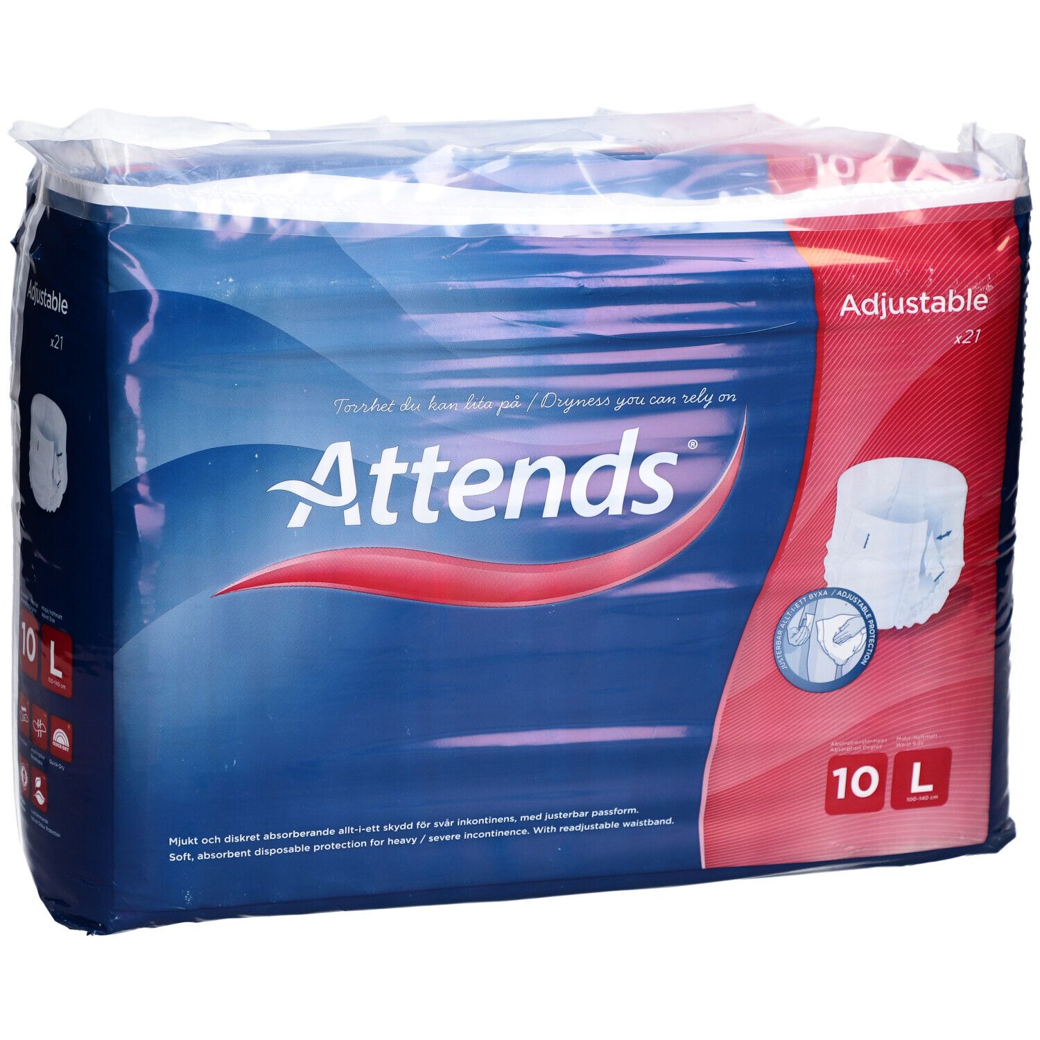 Paquet de Attends Adjustable 10 L. Emballage bleu avec image du produit et texte. Contient 21 pièces.