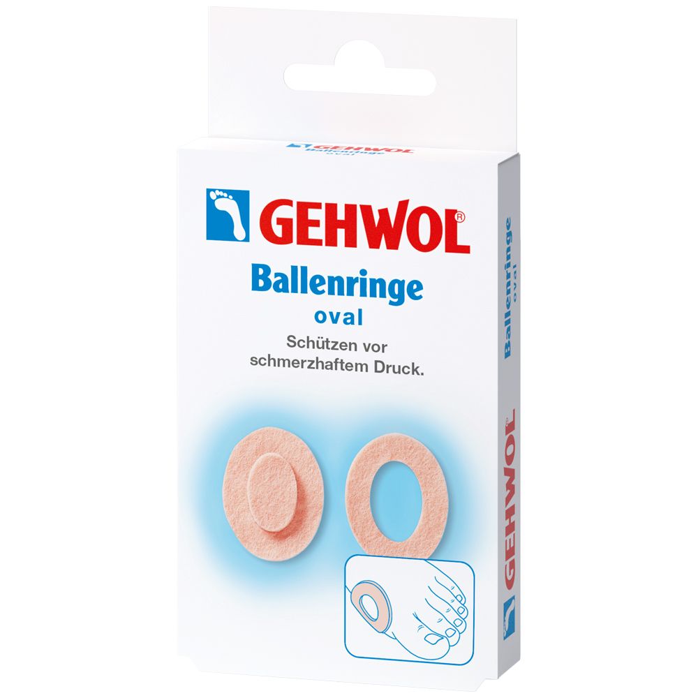 Emballage de GEHWOL Ballenringe oval. Deux anneaux ovales couleur peau et une illustration d'application sont visibles.