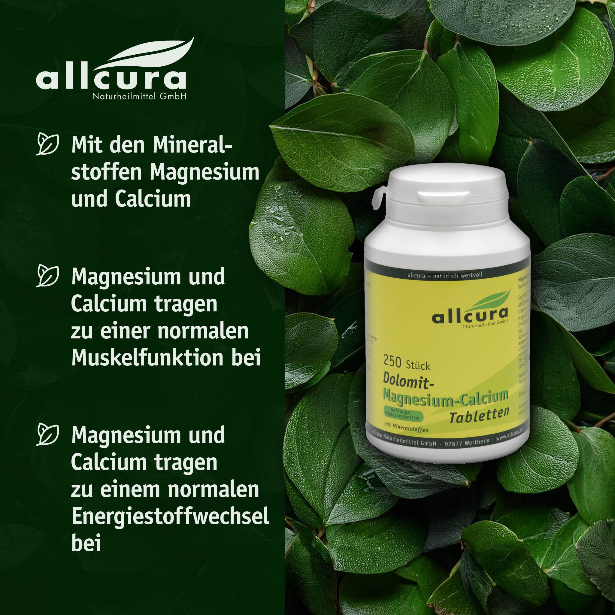 Produktflasche vor grünem Hintergrund. Text: Magnesium und Calcium tragen zu normaler Muskelfunktion bei.