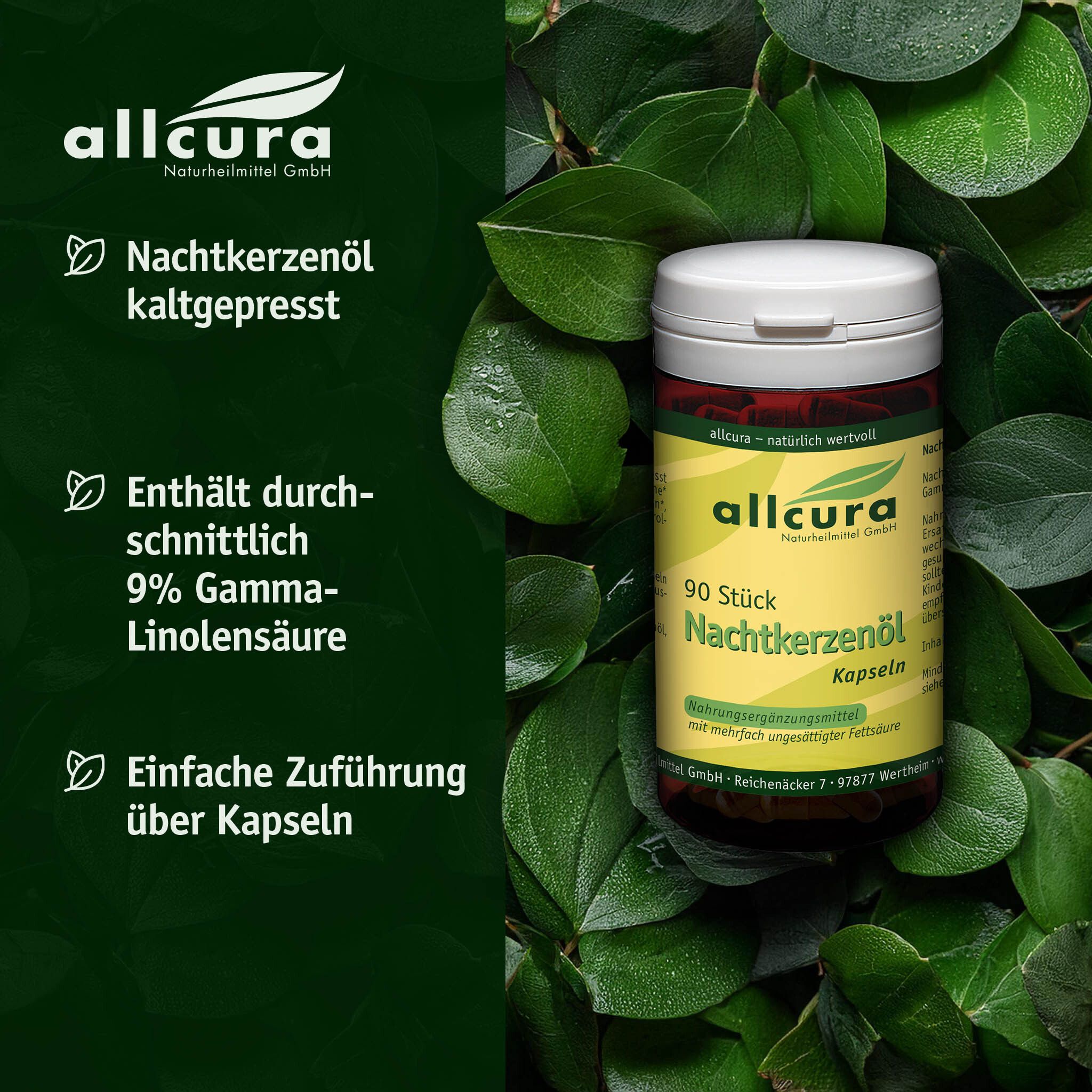 Dunkelbraune Dose mit grünen und gelben Etiketten. Aufschrift: allcura Nachtkerzenöl Kapseln, 90 Stück.