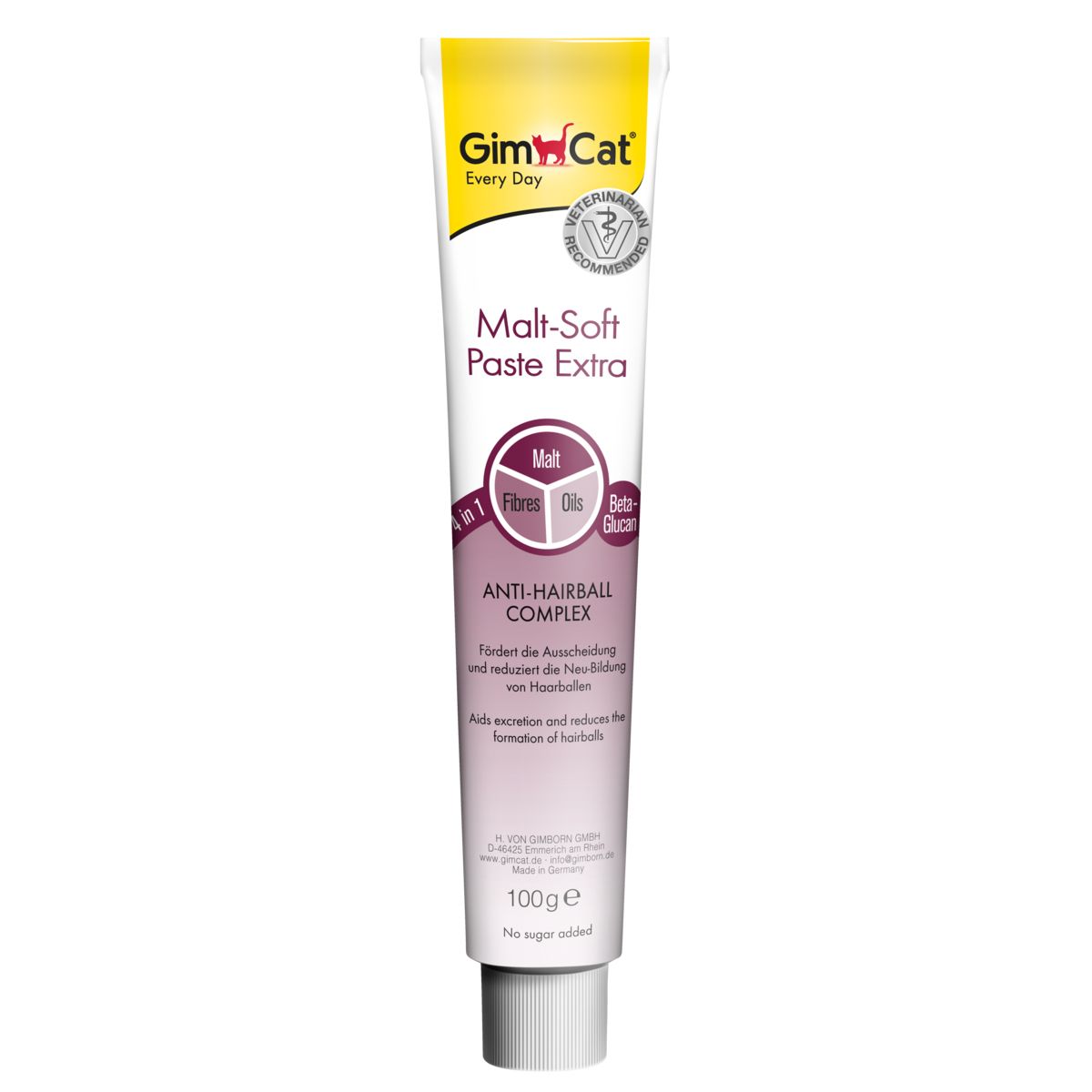 Tube de GimCat Malt-Soft Paste Extra. Blanc, jaune et rose. 100g. Complexe anti-boules de poils. Sans sucre ajouté.