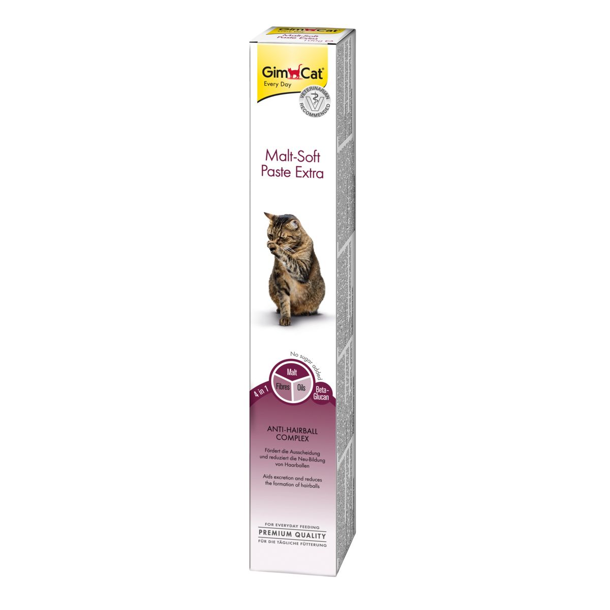 Emballage de GimCat Malt-Soft Paste Extra. Chat représenté. Blanc, jaune et rose. Complexe anti-boules de poils. Sans sucre ajouté.