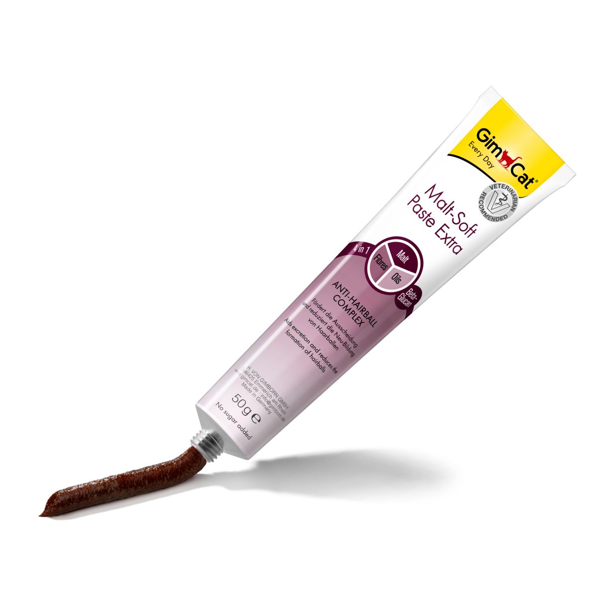Tube de GimCat Malt-Soft Paste Extra. Blanc, jaune et rose. Pâte sortant du tube. 50g. Complexe anti-boules de poils.