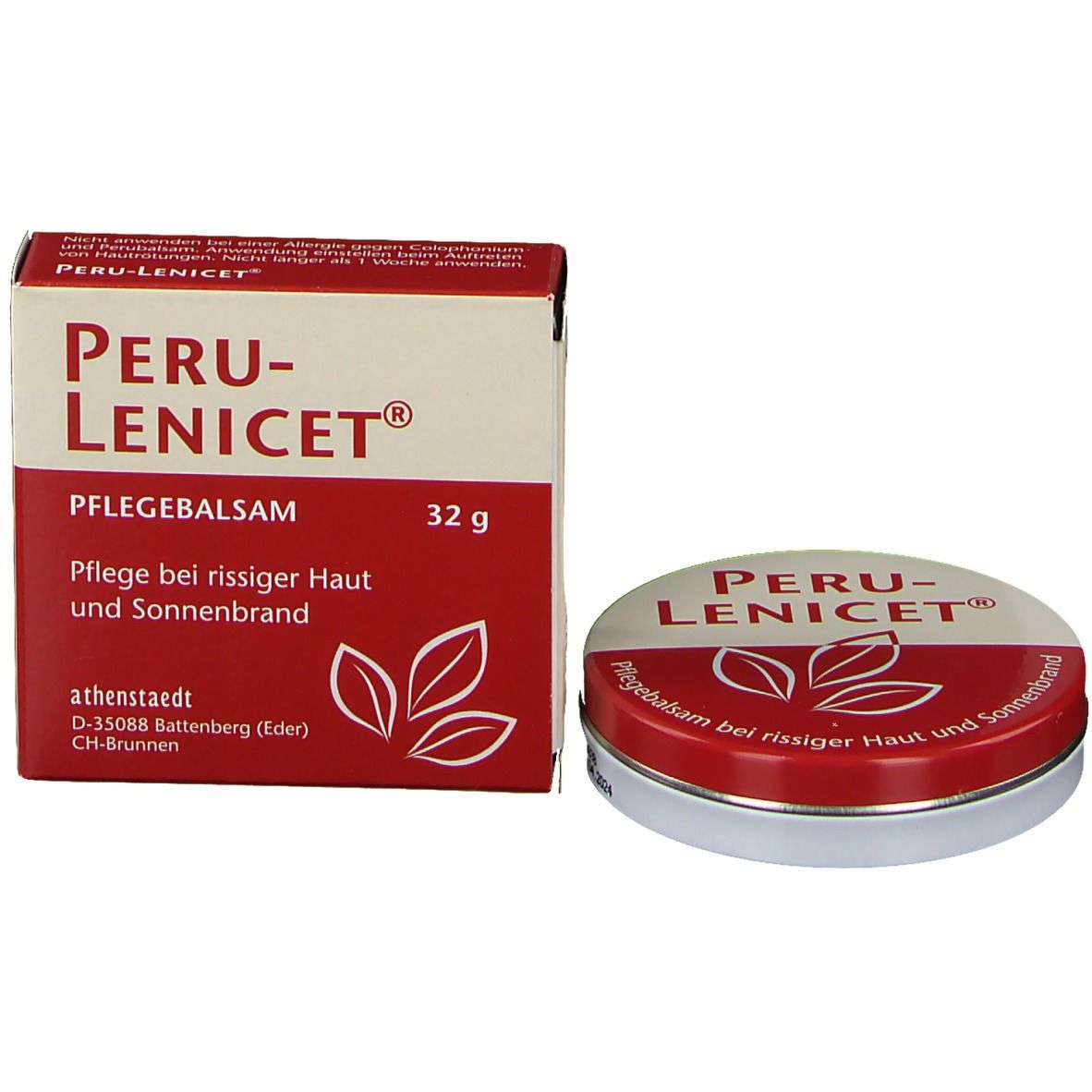 Boîte et pot avec PERU-LENICET®. Texte : Pflegesalbe, 32 g. Pour peau gercée et coups de soleil. Pot argenté.