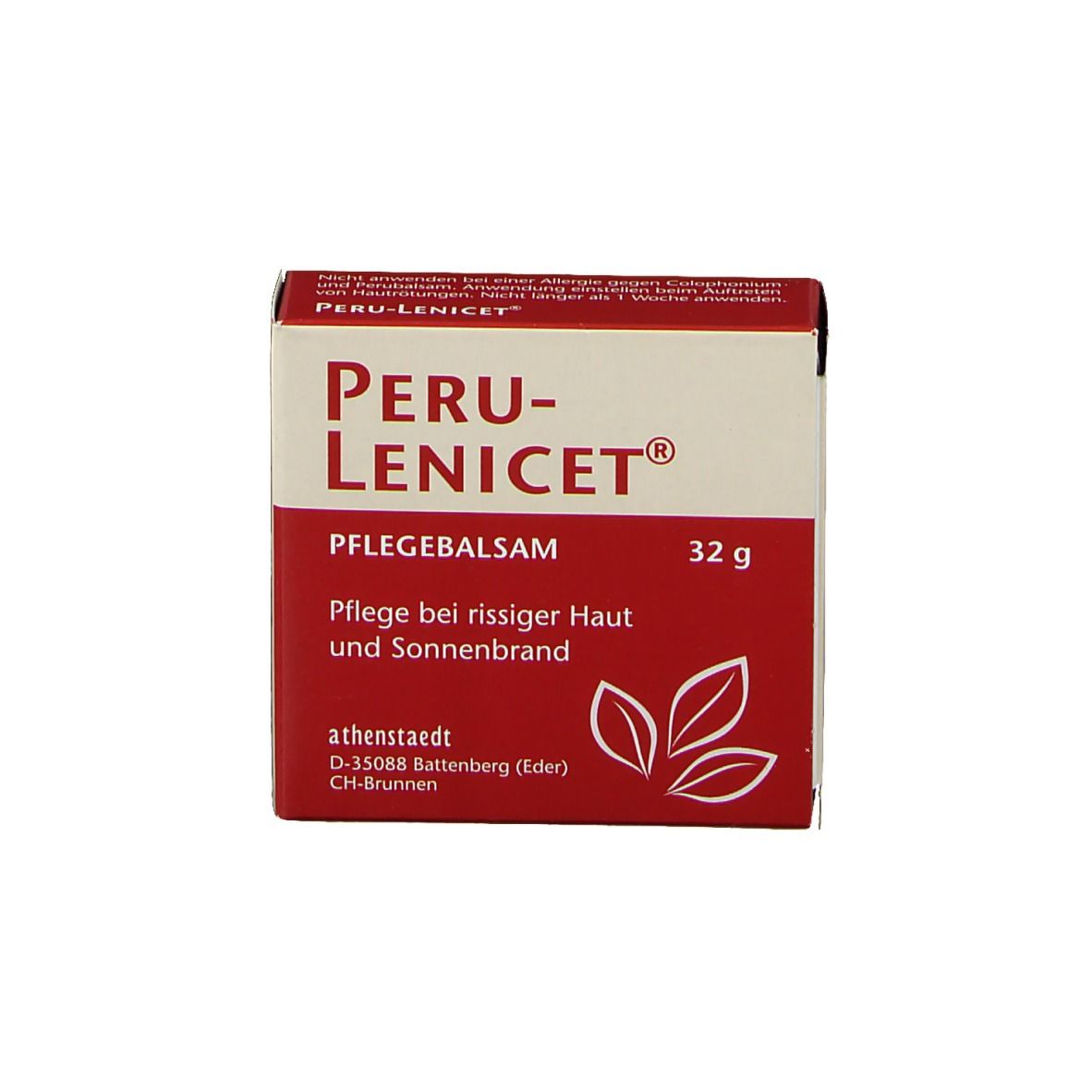 Boîte rouge et blanche avec PERU-LENICET®. Texte : Pflegesalbe, 32 g. Pour peau gercée et coups de soleil.