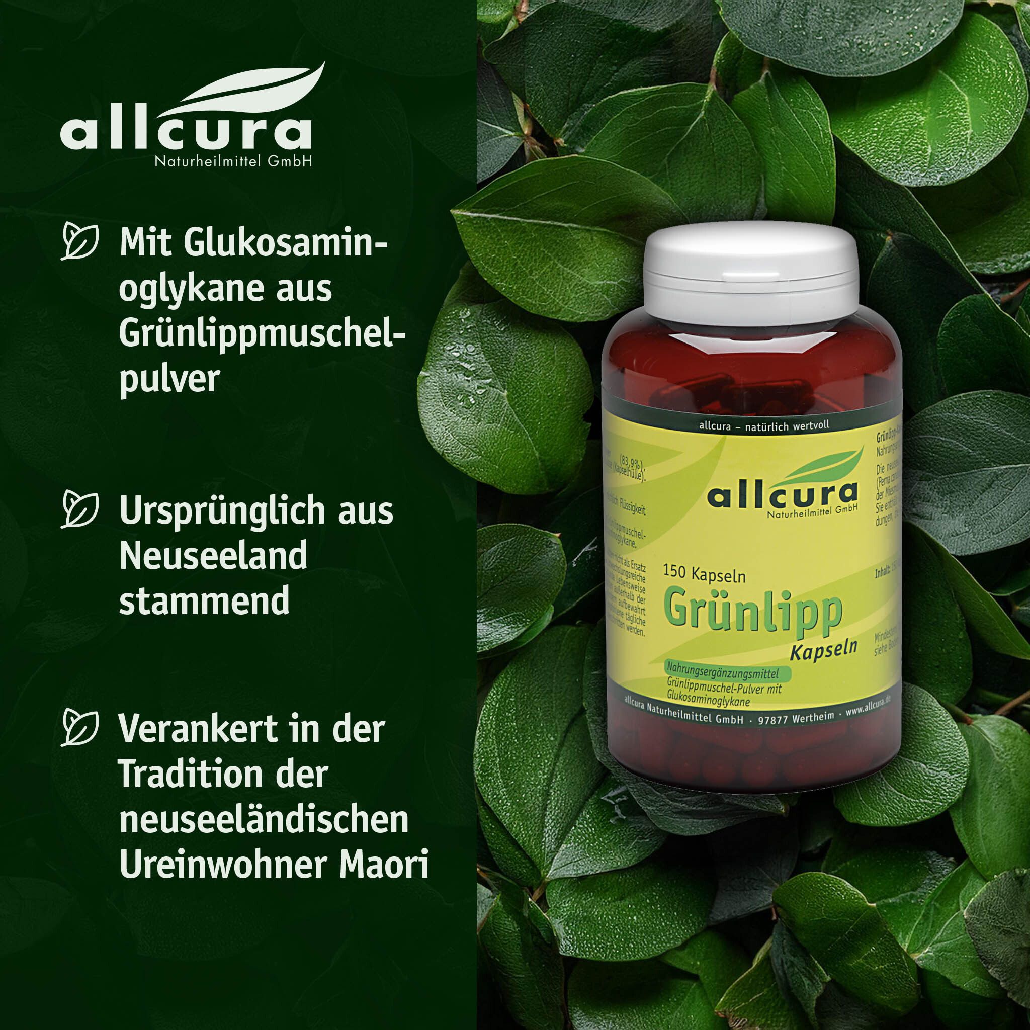 Feuilles vertes entourent un flacon marron à bouchon blanc. Texte: allcura, 150 capsules, Grünlipp Kapseln.