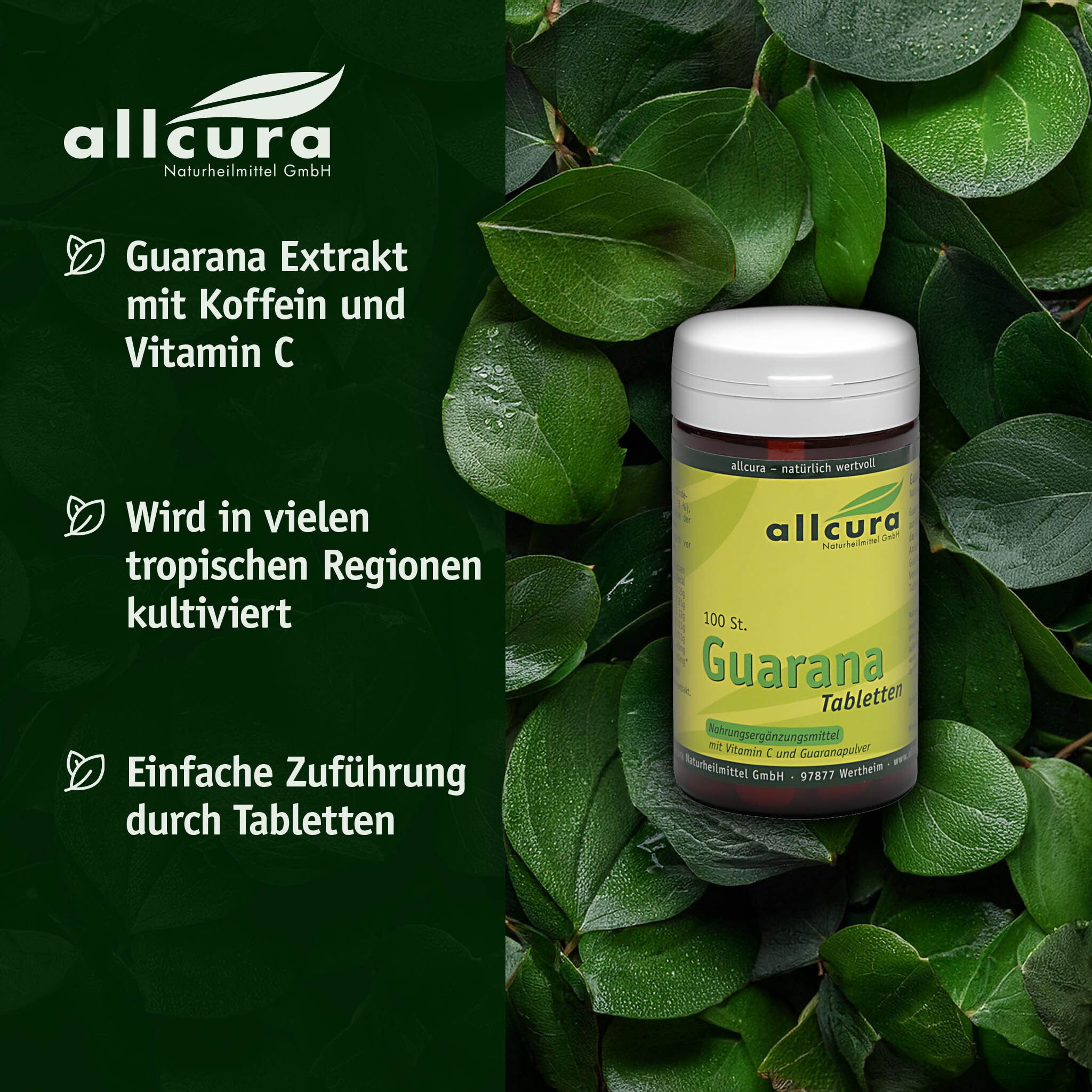 Grüne Blätter mit Dose. Text: Guarana Extrakt mit Koffein und Vitamin C. Einfache Zuführung durch Tabletten.