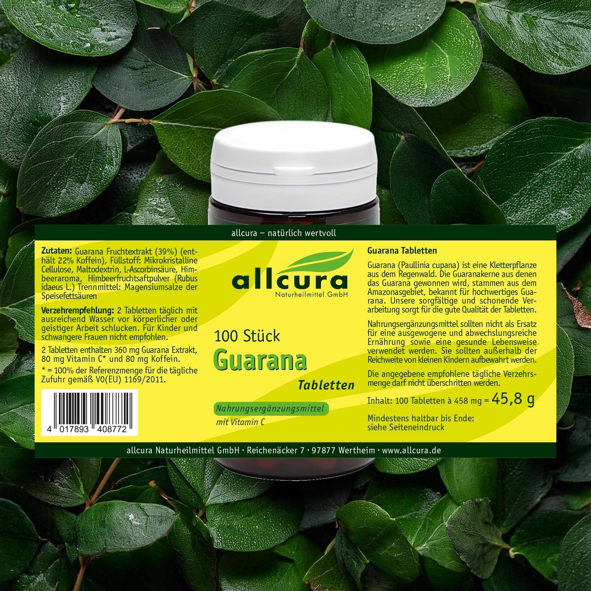 Dose mit Text: allcura, 100 Stück Guarana Tabletten. Auf Blättern. Inhaltsstoffe und Verzehrempfehlung.